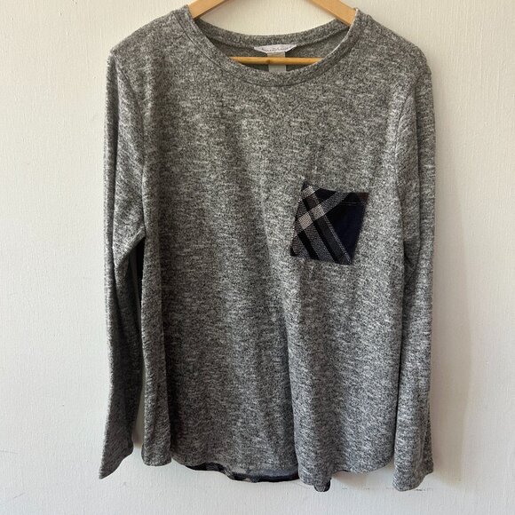 Keren Hart Mixed Material Sweater Womens XL Gray Plaid Back Pullover Knit Top - Picture 1 of 3